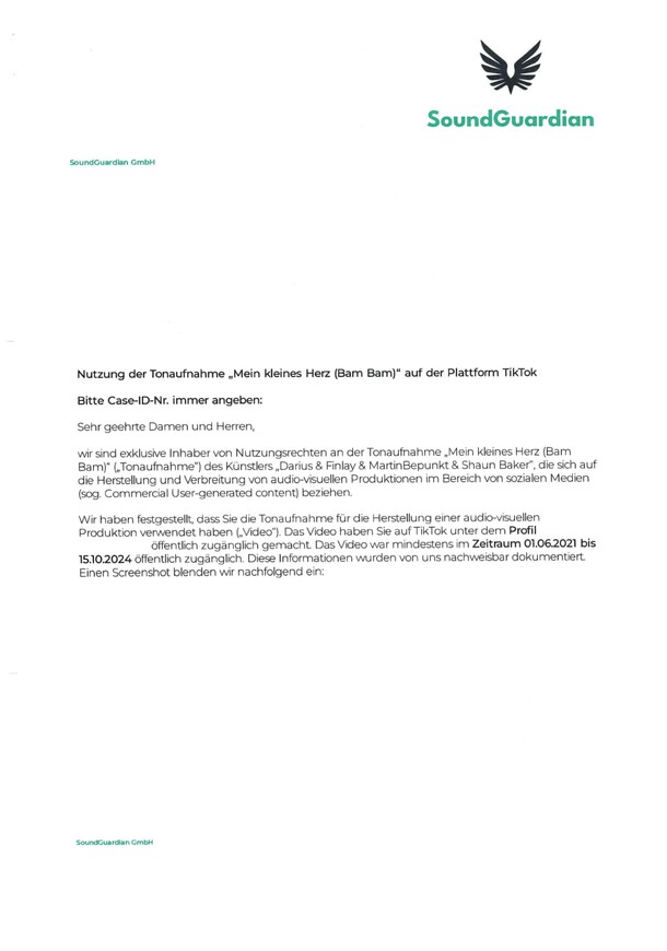 Beispiel einer SoundGuardian Abmahnung