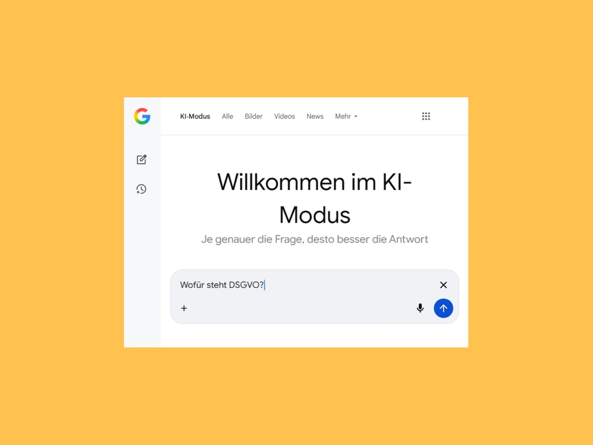 Screenshot des neuen KI-Modus von Google; Mueller.legal analysiert in einem Gastbeitrag
