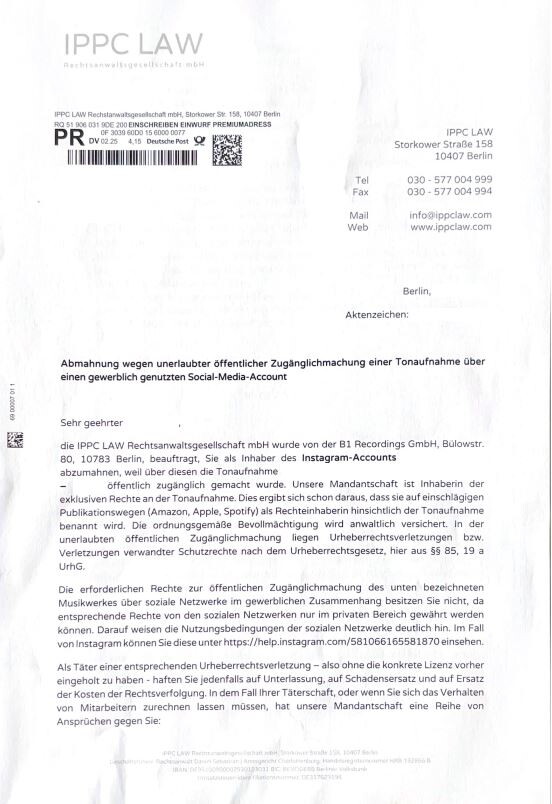 IPPC Law Abmahnung Musiknutzung Instagram TikTok