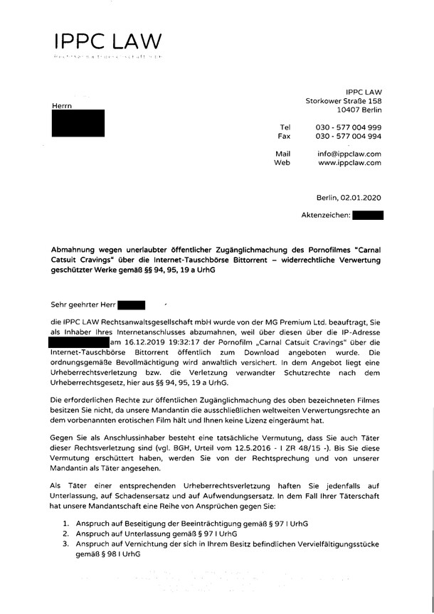 IPPC Law Filesharing Abmahnung