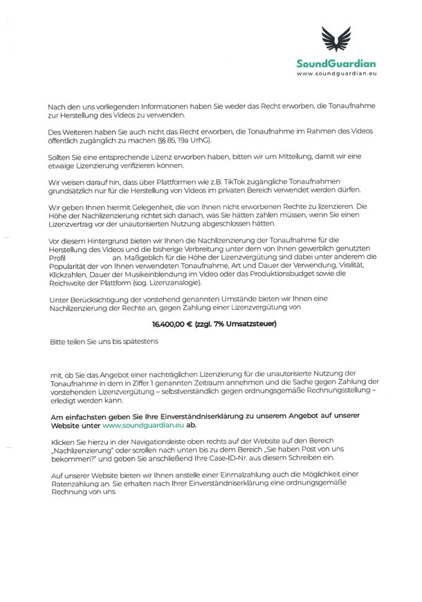 Forderung Abmahnung SoundGuardian Musik Instagram TikTok Beispiel