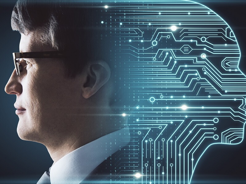Männergesicht und digitales Gesicht