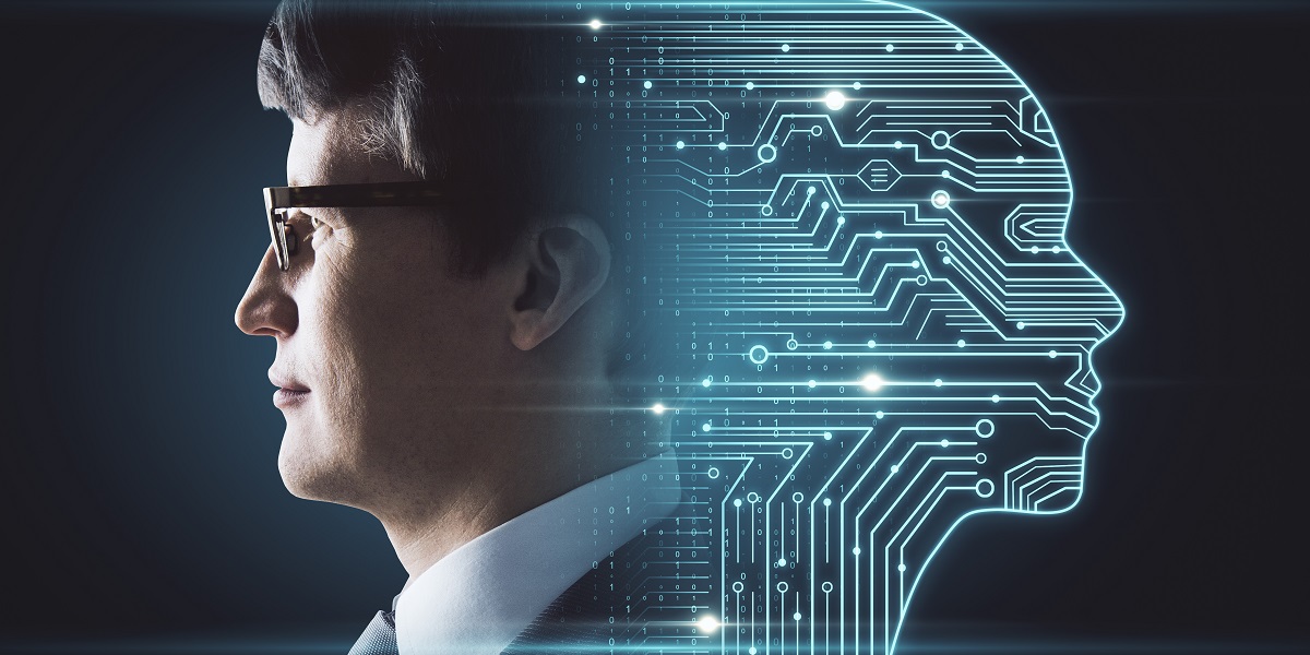 Männergesicht und digitales Gesicht
